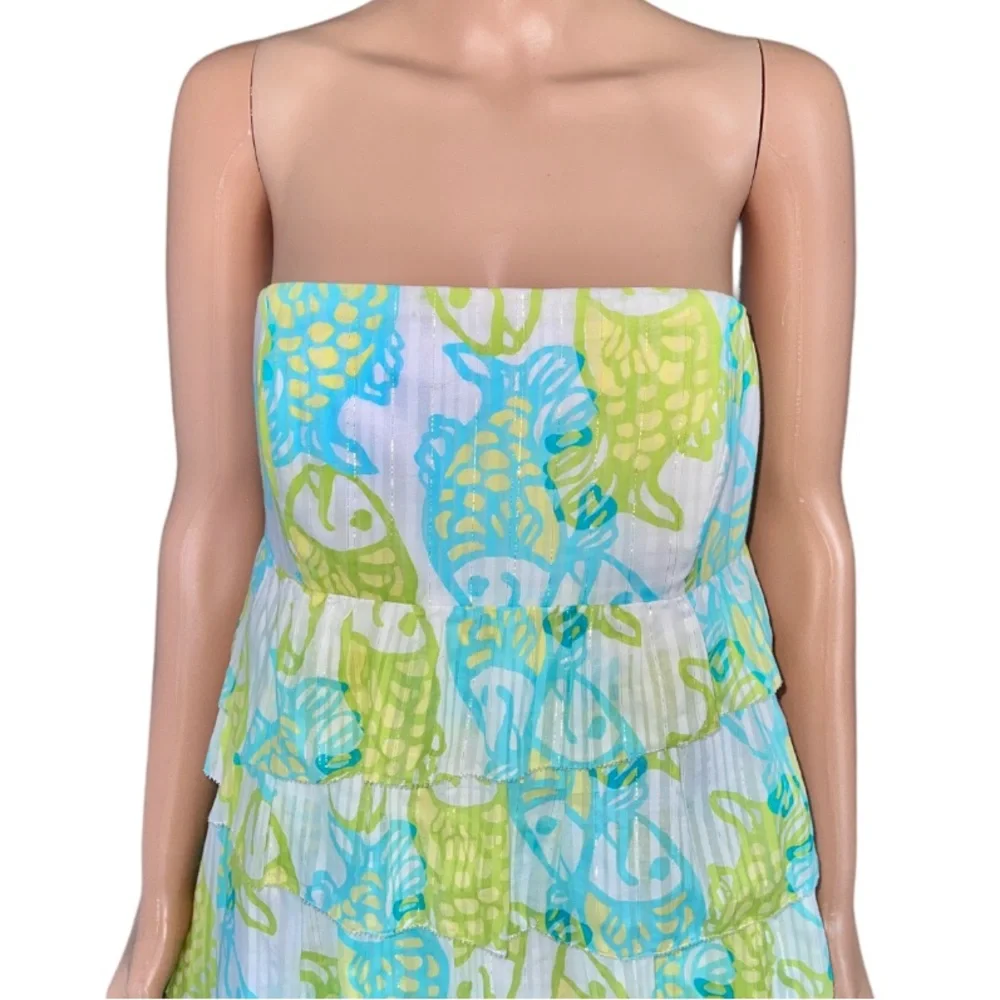 Lilly Pulitzer Arden Dress Off the Hook Fish Print Strapless Ruffle - Picture 5 of 9